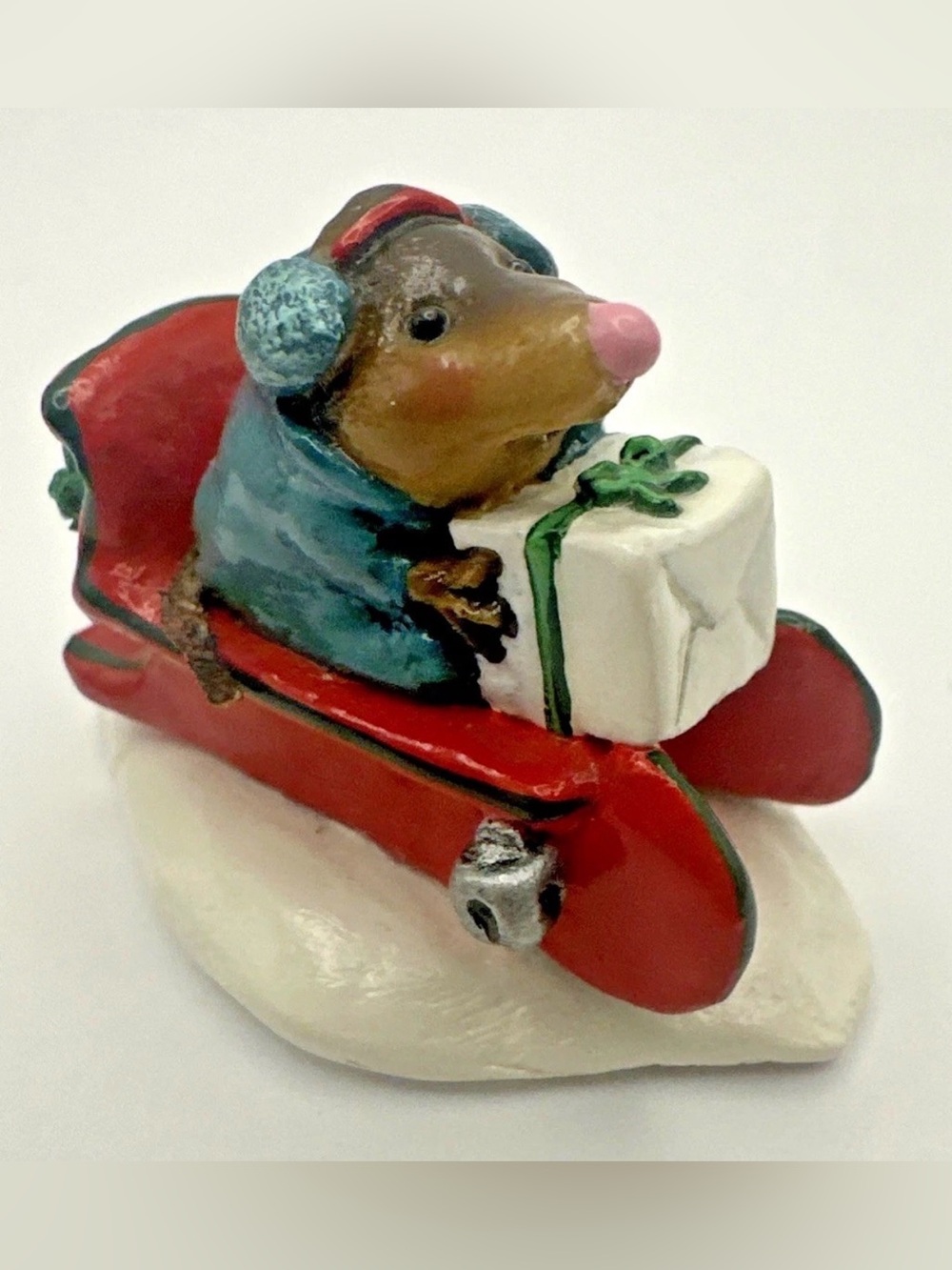 Wee Forest Folk MOLE’S RED SLED WFF MO-03 Annette Petersen Blue Shirt Christmas